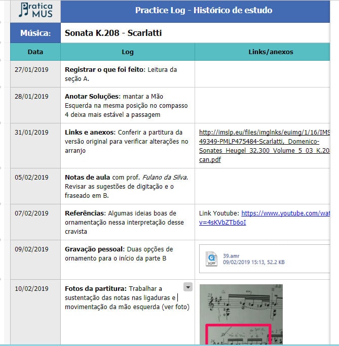 Tabela com anotações sobre o estudo de uma música