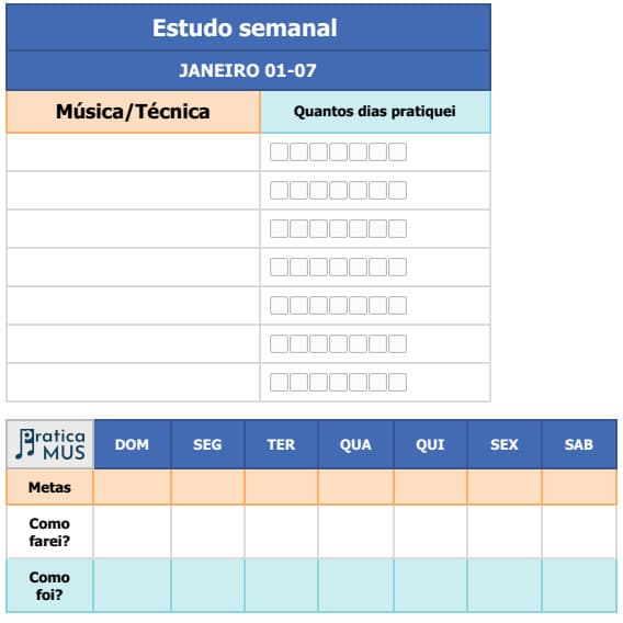 Tabela no Evernote para montar diario de estudo semanal